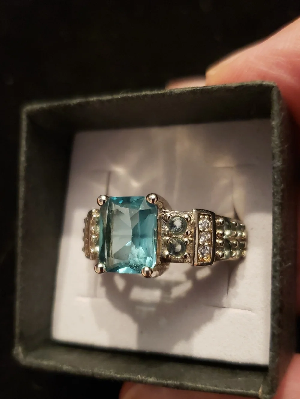 NEW Sterling Stamped S925 emerald-cut Aquamarine, Size 10 Flanked W/smaller Aqua